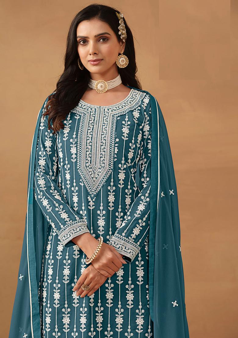Teal Blue Embroidered Georgette Salwar Kameez - Indya