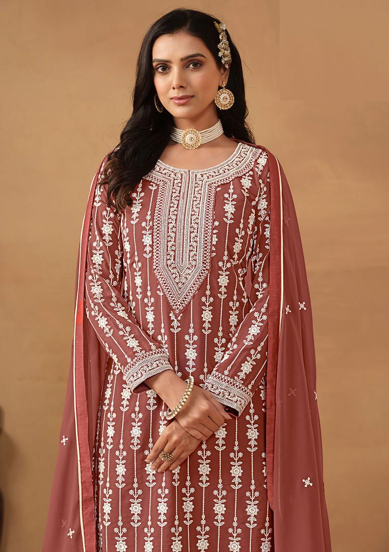 Rose Gold Embroidered Georgette Salwar Kameez - Indya