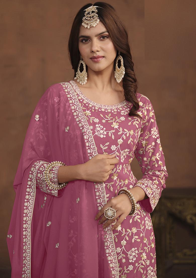 Pink Embroidered Georgette Salwar Kameez - Indya