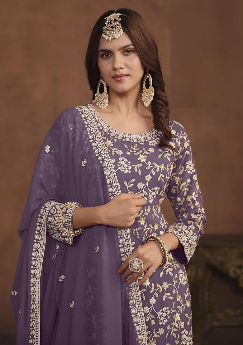 Purple Embroidered Georgette Salwar Kameez - Indya