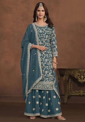 Teal Blue Embroidered Georgette Salwar Kameez
