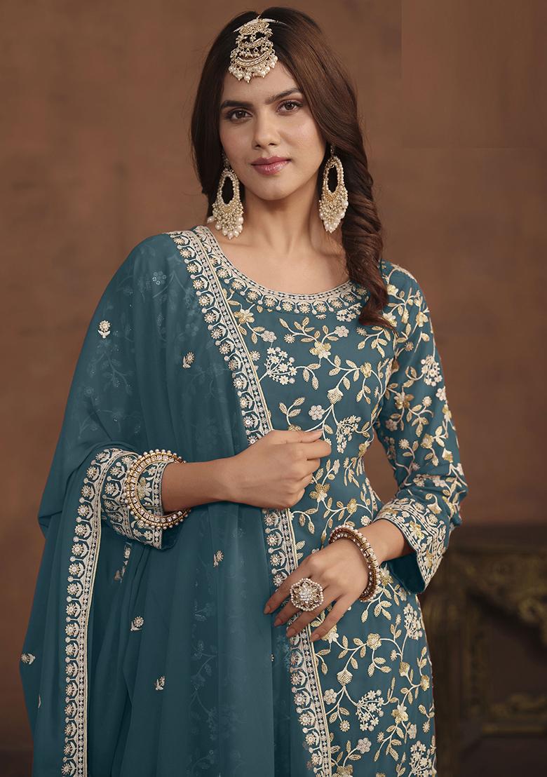 Teal Blue Embroidered Georgette Salwar Kameez - Indya