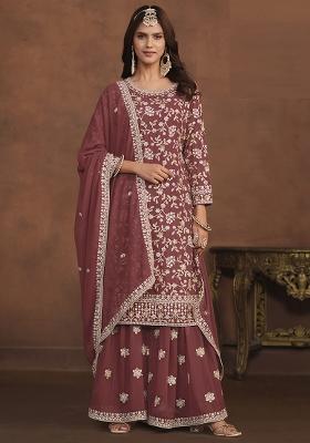 Mauve Embroidered Georgette Sharara Set