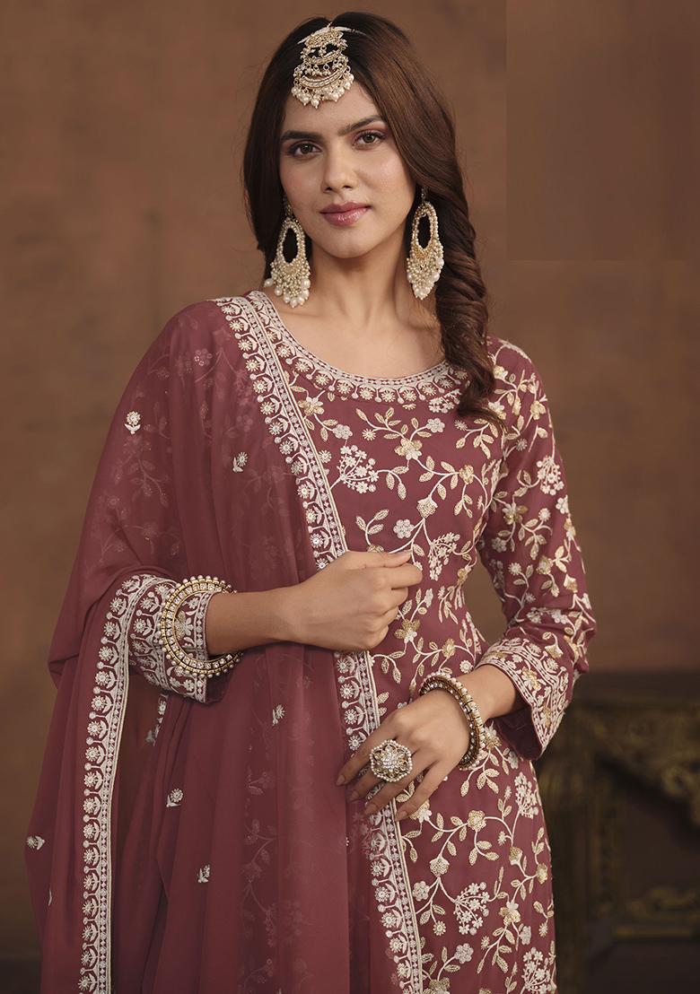 Mauve Embroidered Georgette Salwar Kameez - Indya