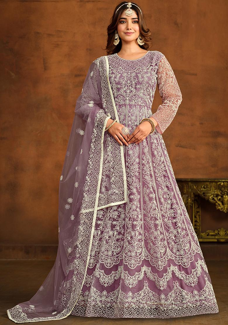 Purple Embroidered Net Salwar Kameez - Indya