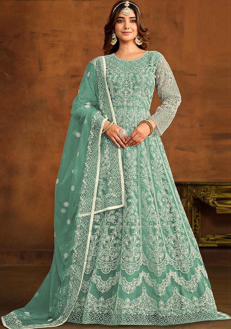Turquoise Embroidered Net Salwar Kameez - Indya