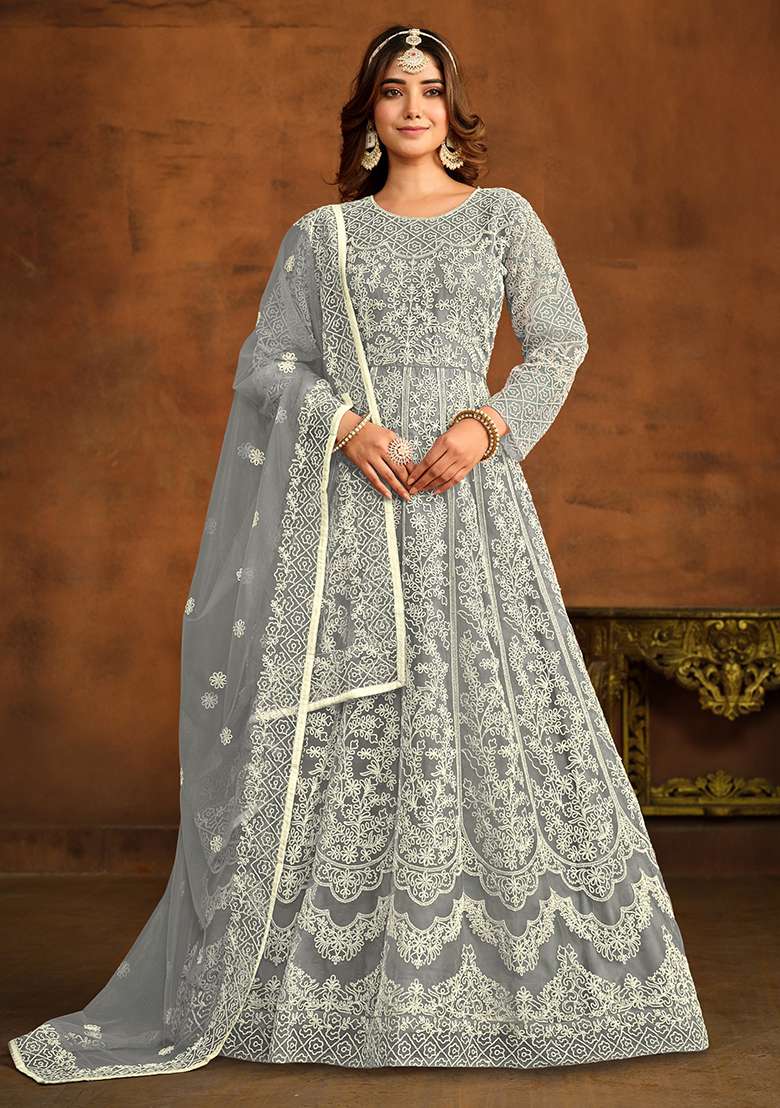 Grey Embroidered Net Anarkali Set - Indya