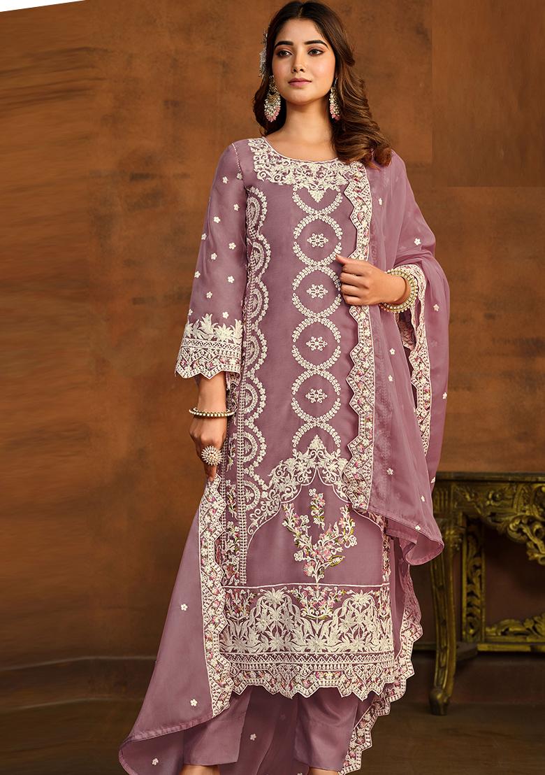 Lilac Embroidered Organza Salwar Kameez - Indya