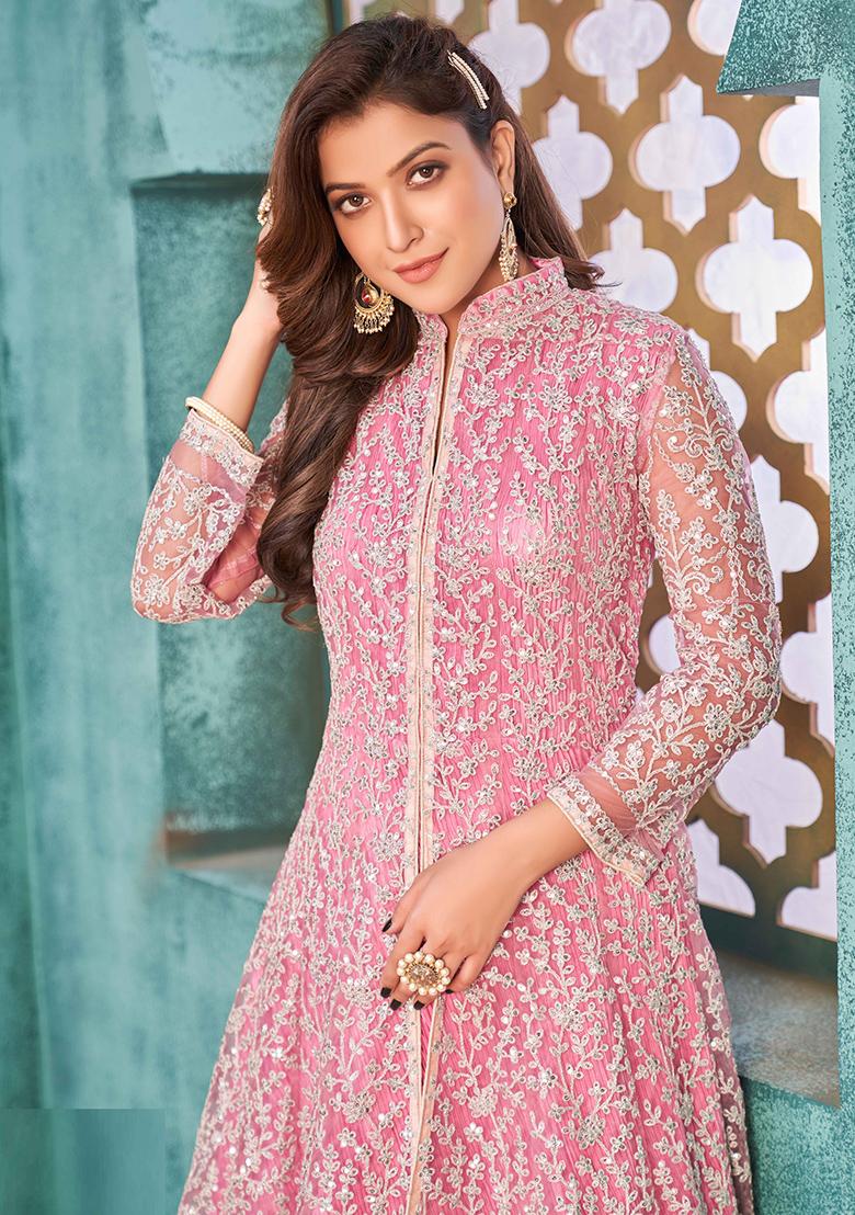Pink Embroidered Net Salwar Kameez - Indya