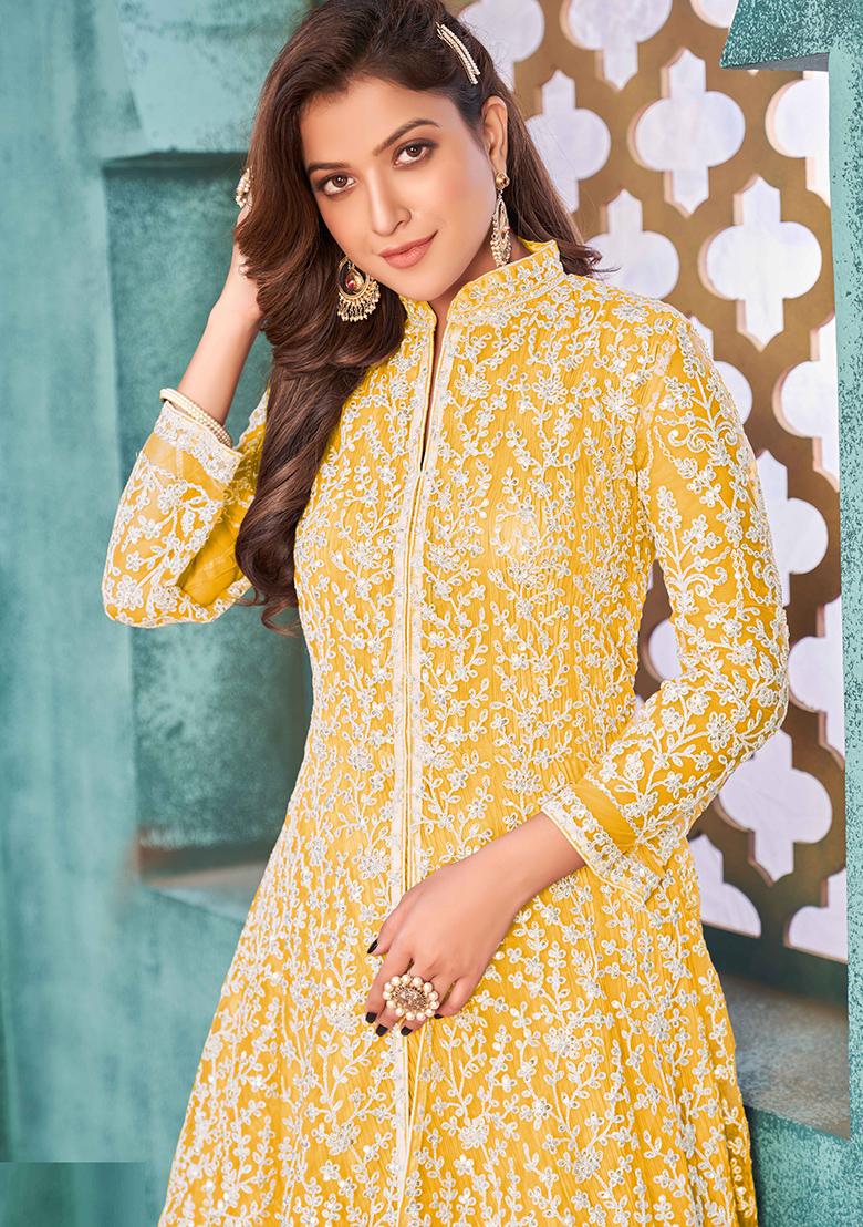 Yellow Embroidered Net Salwar Kameez - Indya