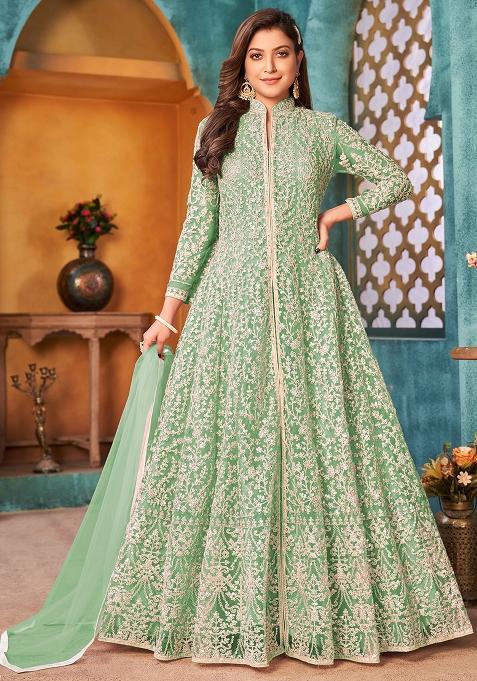 Green Embroidered Net Anarkali Set — view on Indya