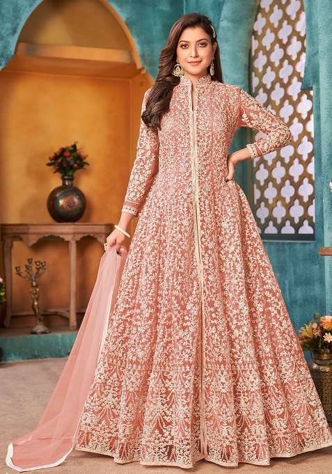 Peach Embroidered Net Anarkali Set