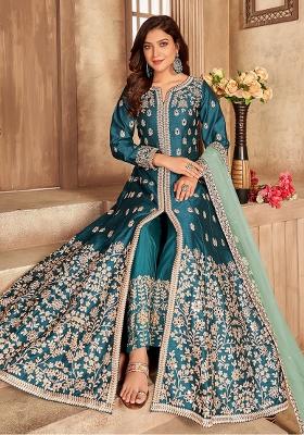 Teal Green Embroidered Art Silk Salwar Kameez