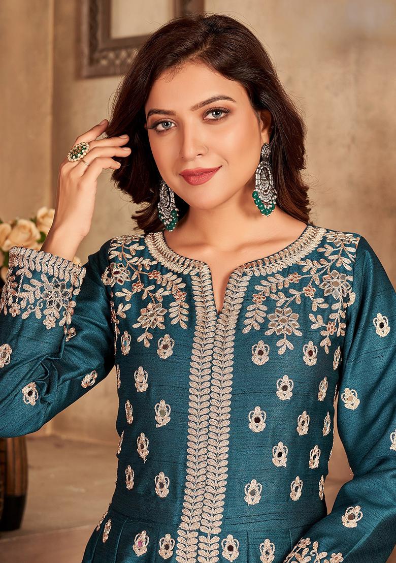 Teal Green Embroidered Art Silk Salwar Kameez - Indya