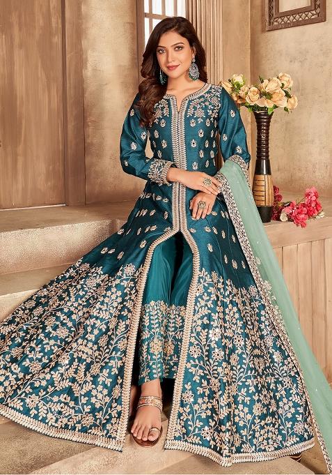 Teal Green Embroidered Silk Anarkali Set — view on Indya