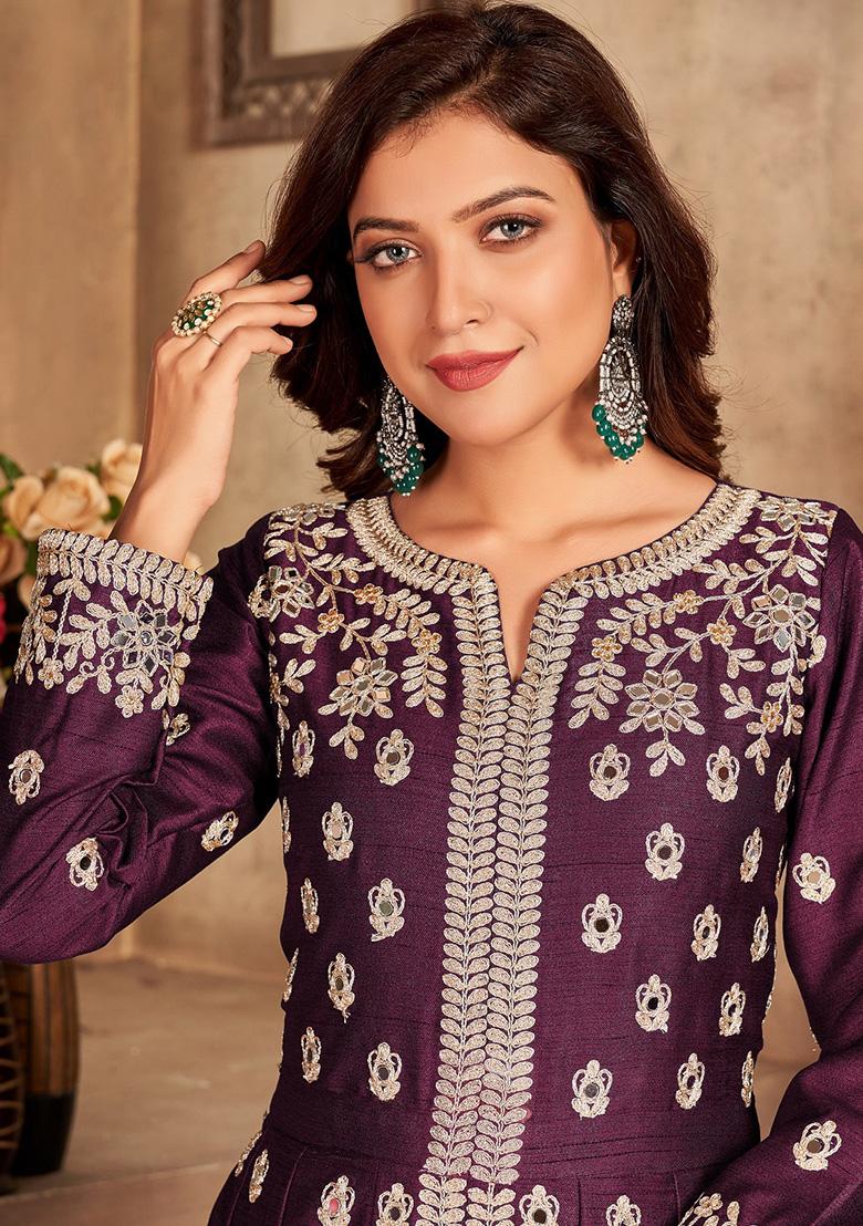 Purple Embroidered Art Silk Salwar Kameez - Indya