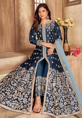 Blue Embroidered Art Silk Salwar Kameez