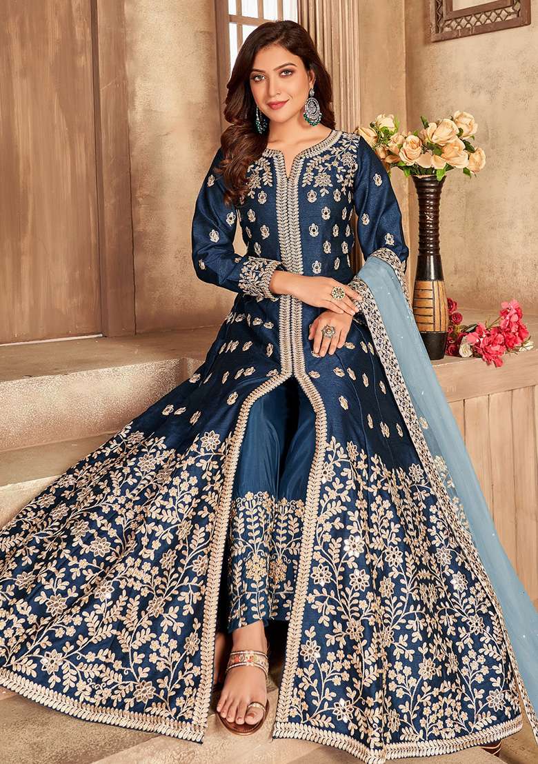 Blue Embroidered Silk Blend Anarkali Set - Indya