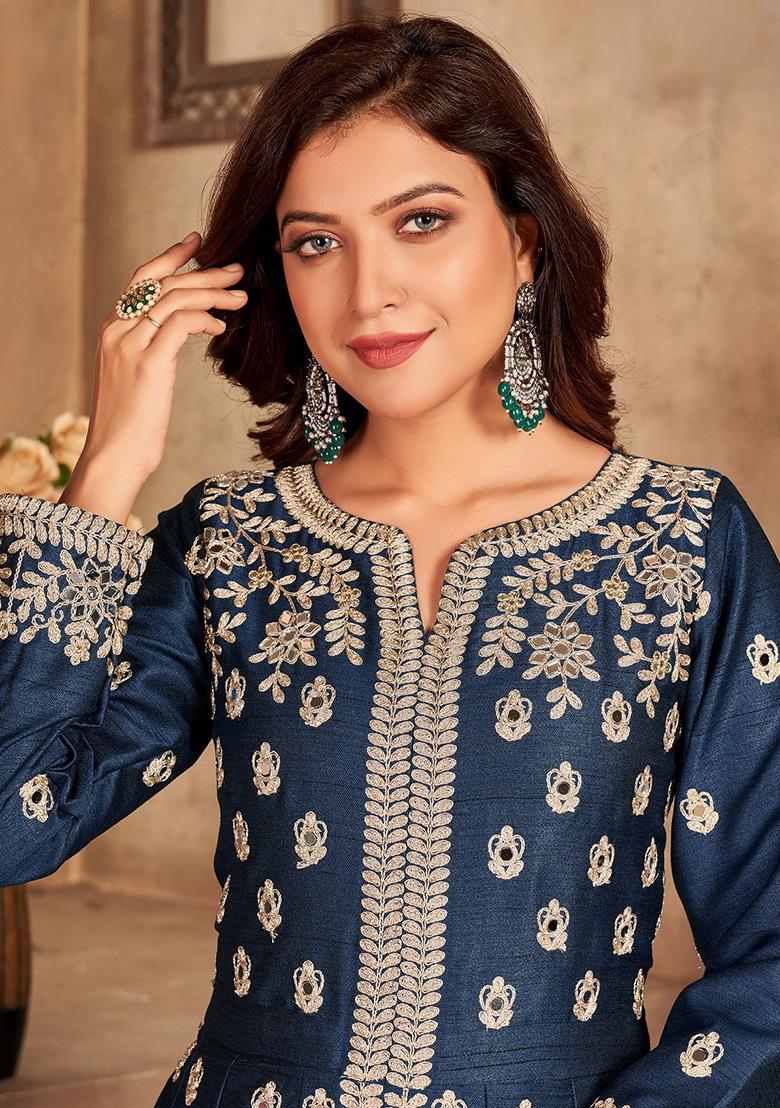Blue Embroidered Art Silk Salwar Kameez - Indya
