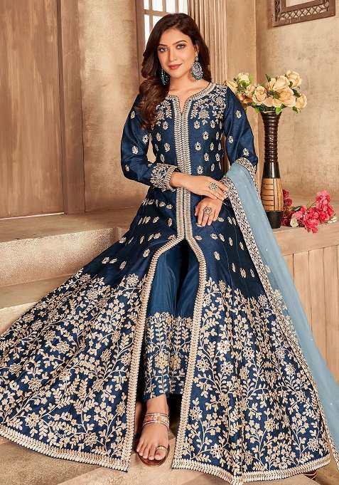 Blue Embroidered Silk Blend Anarkali Set