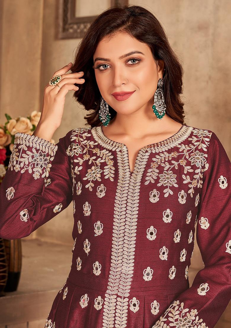 Maroon Embroidered Art Silk Salwar Kameez - Indya