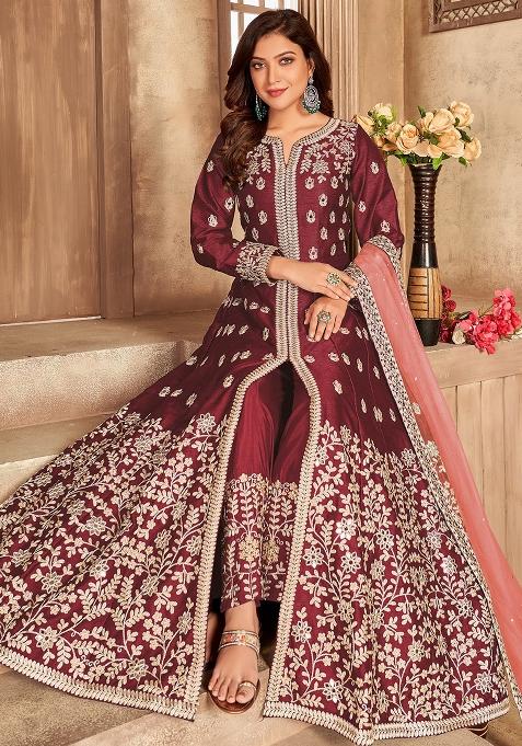 Maroon Embroidered Silk Anarkali Set — view on Indya