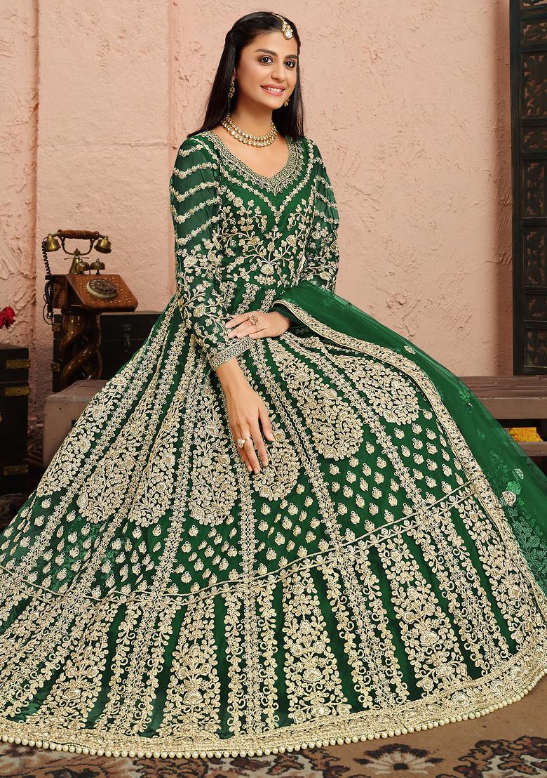 Green Embroidered Net Salwar Kameez - Indya