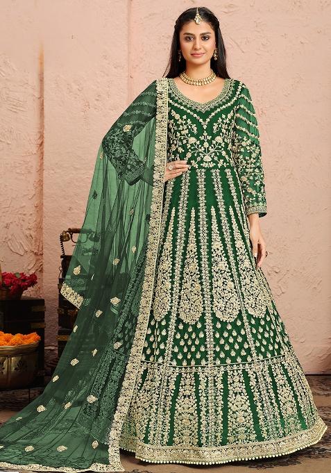 Green Embroidered Net Anarkali Set — view on Indya
