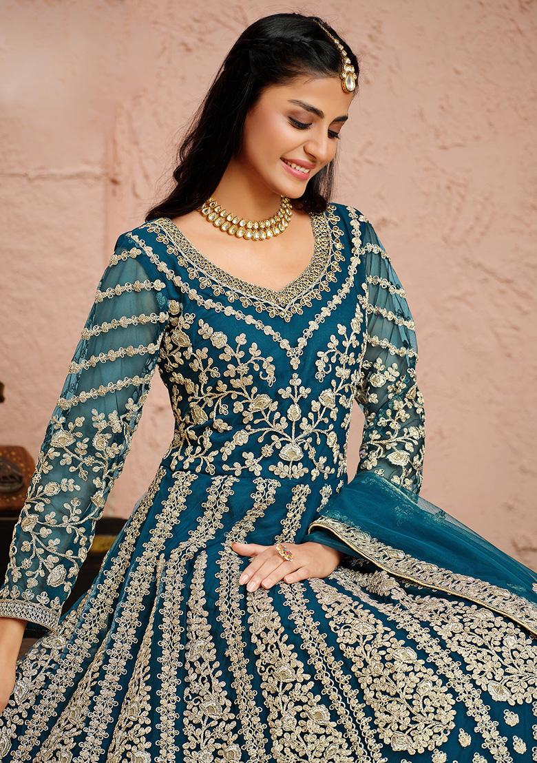 Teal Blue Embroidered Net Salwar Kameez - Indya