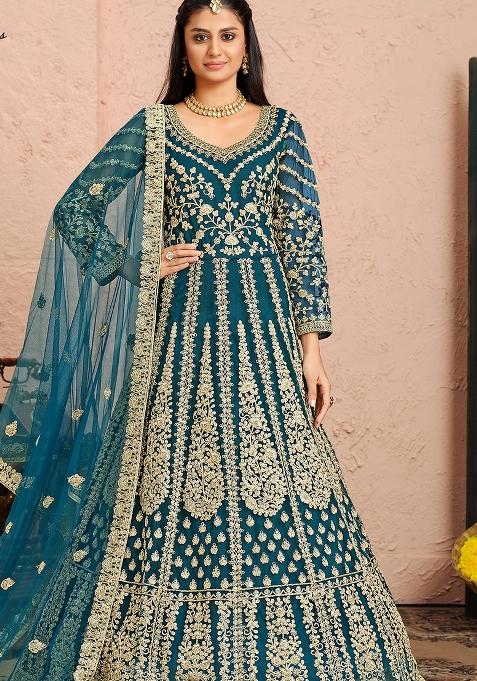 Teal Blue Embroidered Net Anarkali Set — view on Indya