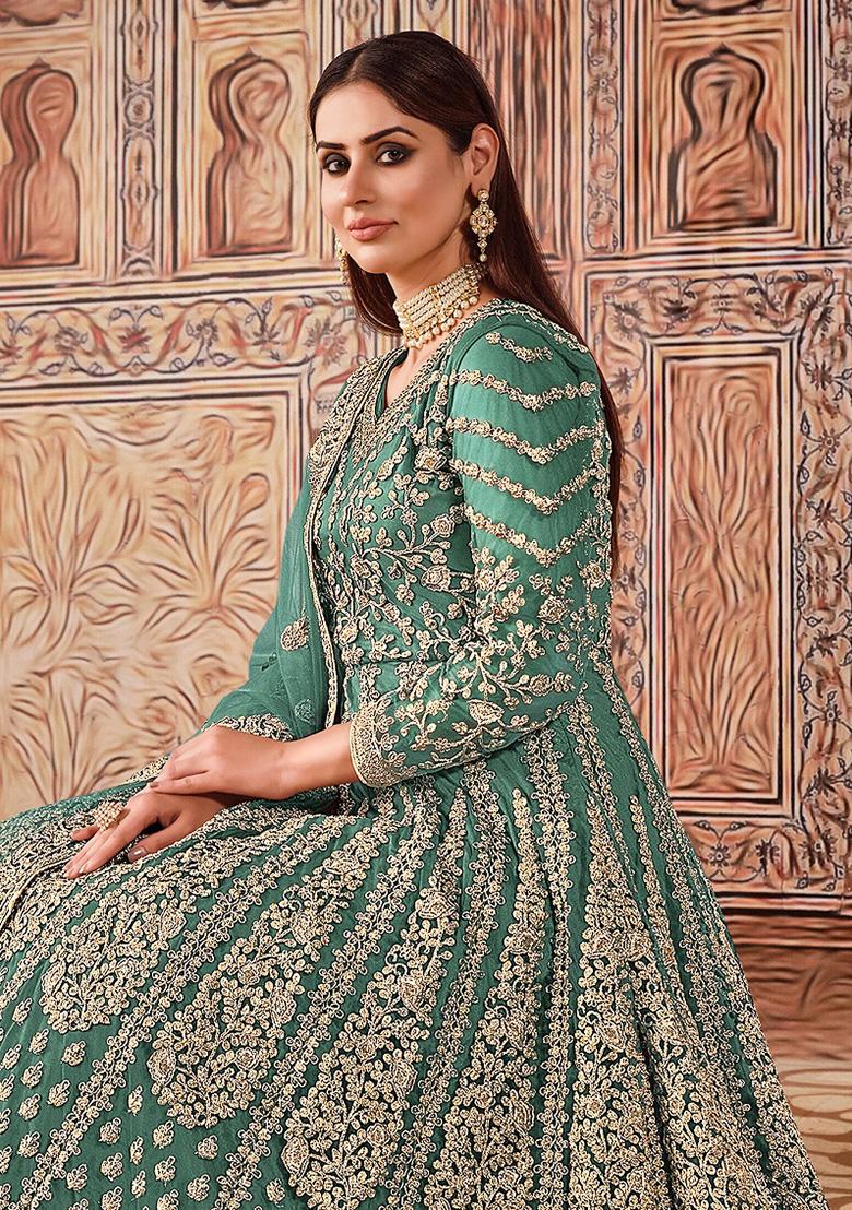 Green Embroidered Net Salwar Kameez - Indya