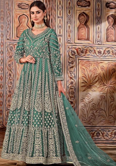 Green Embroidered Net Anarkali Set — view on Indya