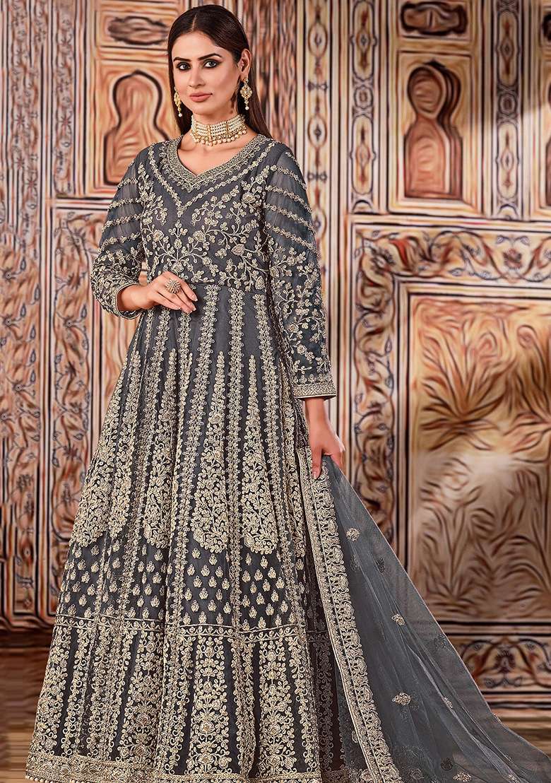 Grey Embroidered Net Anarkali Set - Indya