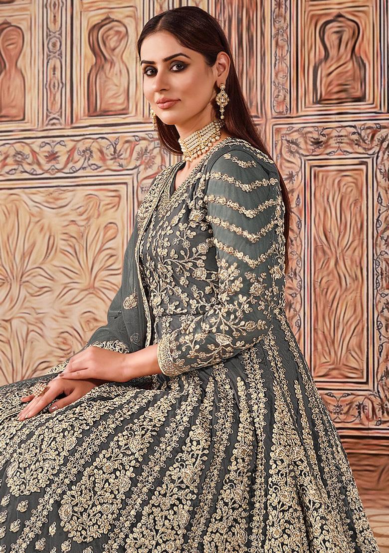 Grey Embroidered Net Salwar Kameez - Indya