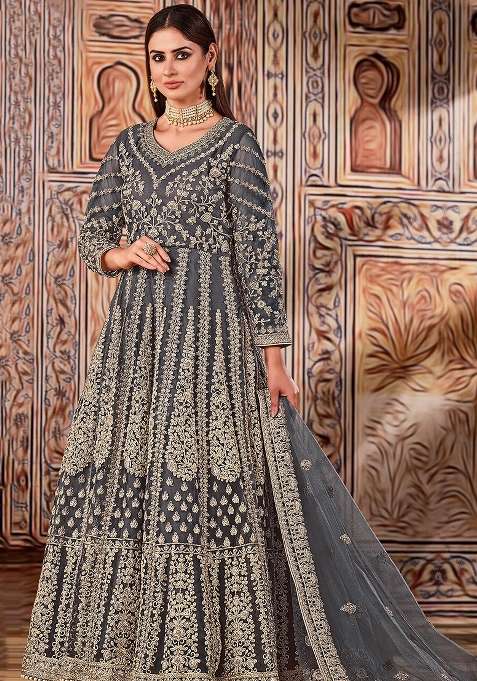 Grey Embroidered Net Anarkali Set