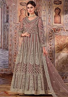 Brown Embroidered Net Anarkali Set