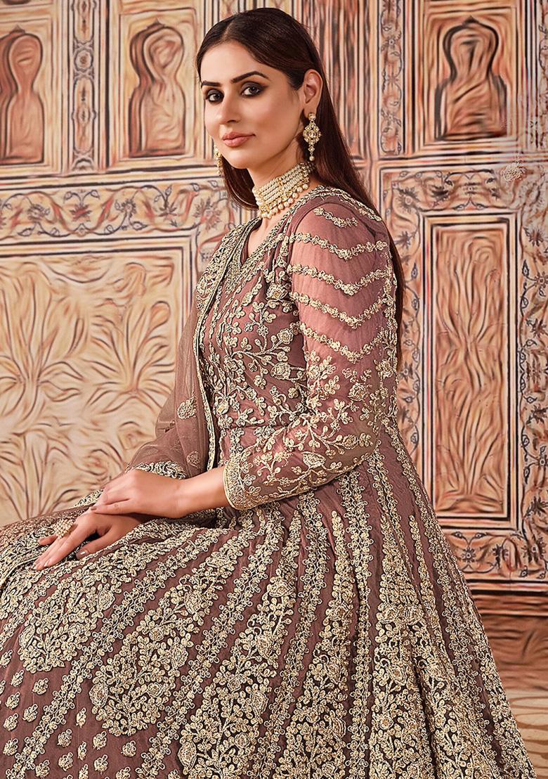 Brown Embroidered Net Salwar Kameez - Indya