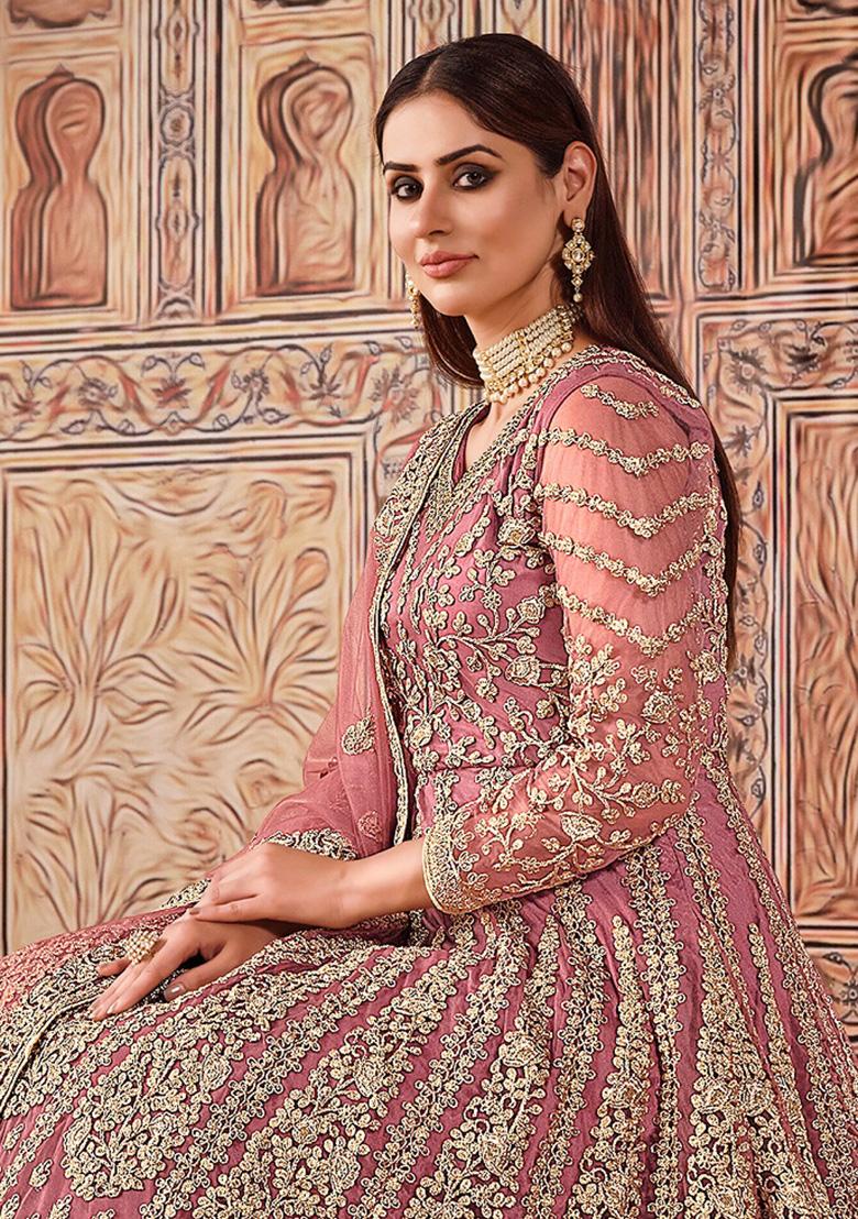 Pink Embroidered Net Salwar Kameez - Indya