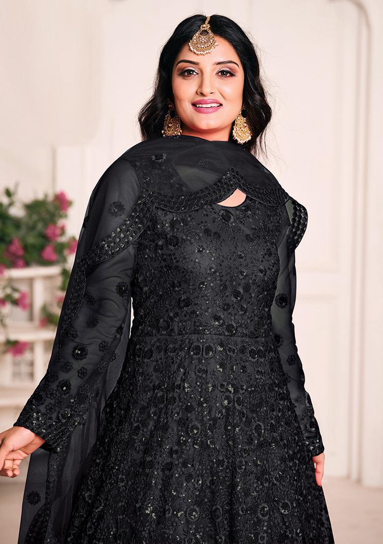 Black Embroidered Net Salwar Kameez - Indya