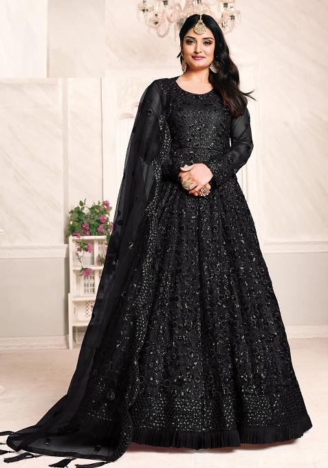 Black Sequin Work Net Anarkali Set — view on Indya