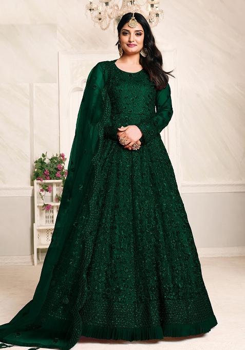Green Sequin Work Net Anarkali Set — view on Indya