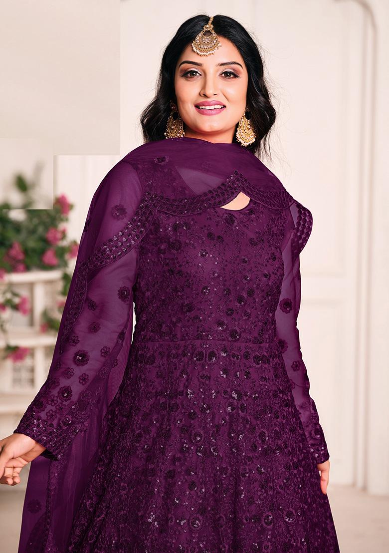 Purple Embroidered Net Salwar Kameez - Indya