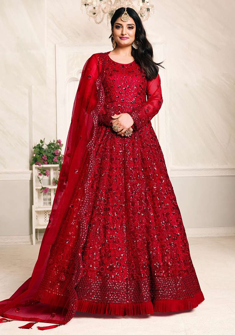Red Sequin Work Net Anarkali Set - Indya