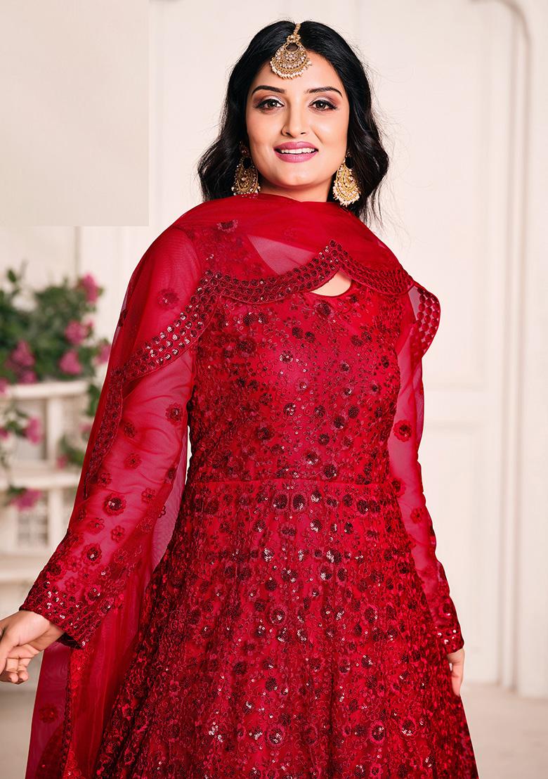 Red Embroidered Net Salwar Kameez - Indya