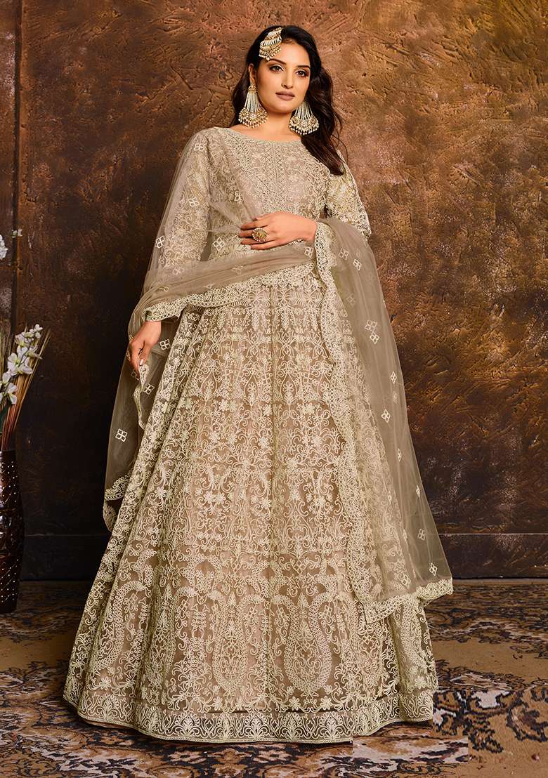 Beige Embroidered Net Anarkali Set - Indya