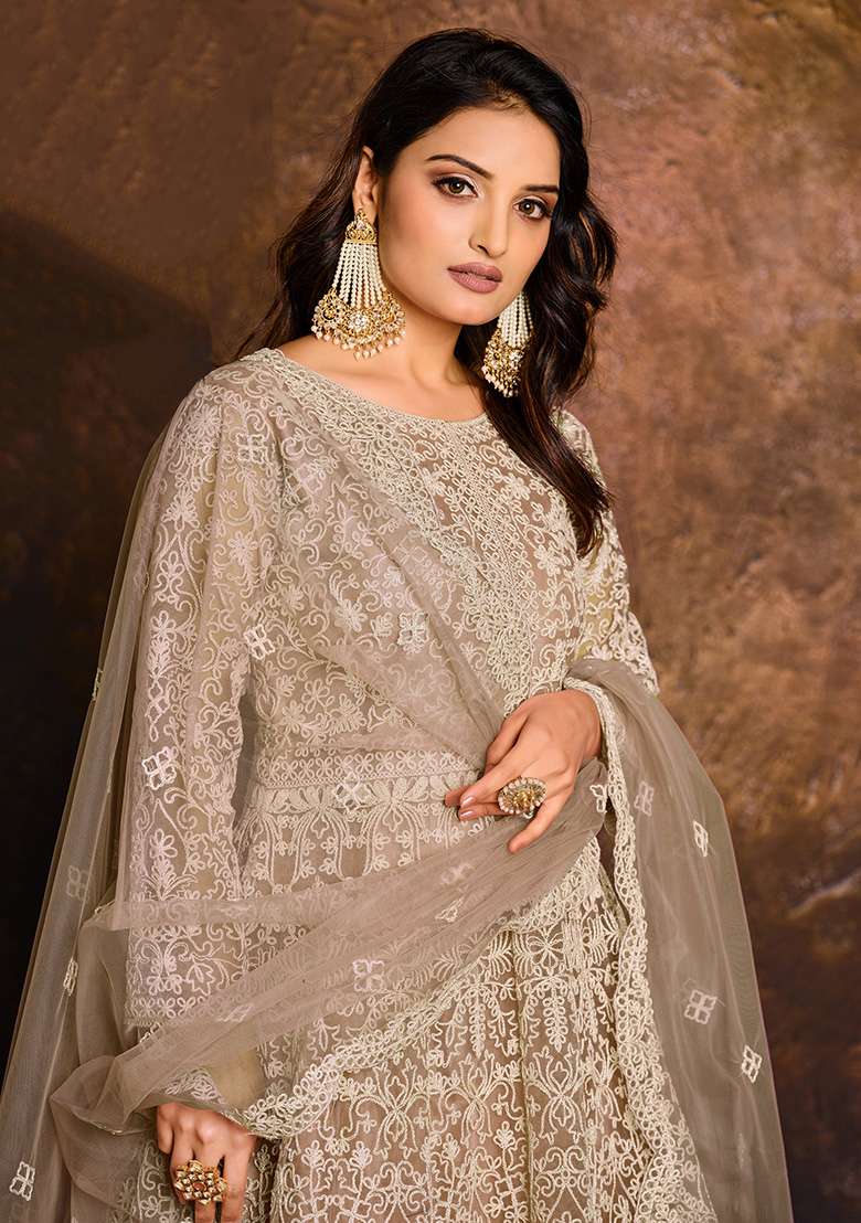 Beige Embroidered Net Anarkali Set - Indya