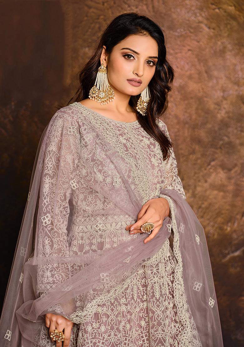 Lilac Embroidered Net Salwar Kameez - Indya