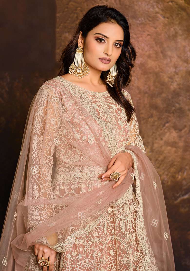 Peach Embroidered Net Anarkali Set - Indya