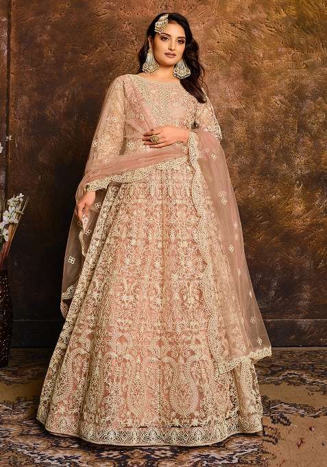 Peach Embroidered Net Anarkali Set