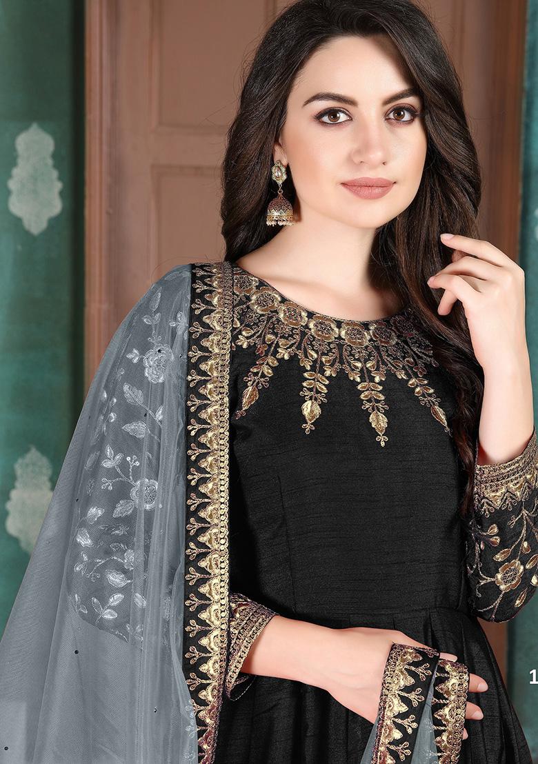 Black Embroidered Silk Salwar Kameez - Indya